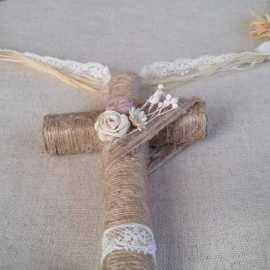 cruz de madera de comunion rosario largo flores, cruz dorada de comunion